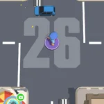 Image depicting a screenshot from the Unity game 'Traffic Life: Car Control.' The scene shows a bustling city street with various vehicles maneuvering through traffic. Cars of different colors and sizes are seen following traffic rules, changing lanes, and navigating intersections. The player's car is shown in the center, skillfully avoiding obstacles and adhering to traffic signals amidst the lively urban environment."