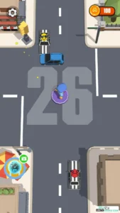 Image depicting a screenshot from the Unity game 'Traffic Life: Car Control.' The scene shows a bustling city street with various vehicles maneuvering through traffic. Cars of different colors and sizes are seen following traffic rules, changing lanes, and navigating intersections. The player's car is shown in the center, skillfully avoiding obstacles and adhering to traffic signals amidst the lively urban environment."