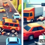 Alt text: Image depicting a screenshot from the Unity game 'Traffic Life: Car Control.' The scene shows a bustling city street with various vehicles maneuvering through traffic. Cars of different colors and sizes are seen following traffic rules, changing lanes, and navigating intersections. The player's car is shown in the center, skillfully avoiding obstacles and adhering to traffic signals amidst the lively urban environment."