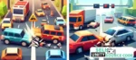 Alt text: Image depicting a screenshot from the Unity game 'Traffic Life: Car Control.' The scene shows a bustling city street with various vehicles maneuvering through traffic. Cars of different colors and sizes are seen following traffic rules, changing lanes, and navigating intersections. The player's car is shown in the center, skillfully avoiding obstacles and adhering to traffic signals amidst the lively urban environment."