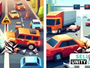 Alt text: Image depicting a screenshot from the Unity game 'Traffic Life: Car Control.' The scene shows a bustling city street with various vehicles maneuvering through traffic. Cars of different colors and sizes are seen following traffic rules, changing lanes, and navigating intersections. The player's car is shown in the center, skillfully avoiding obstacles and adhering to traffic signals amidst the lively urban environment."