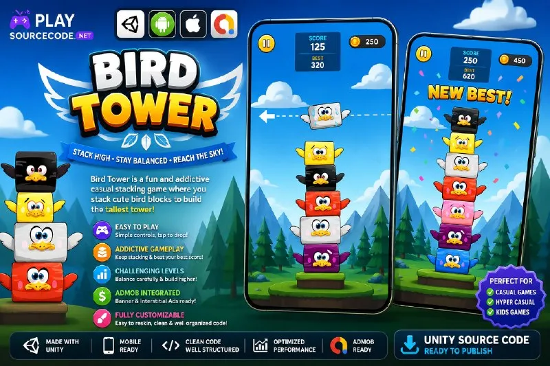 小鸟堆塔挑战 Unity完整源码|Bird Tower Stack – Unity Source Code