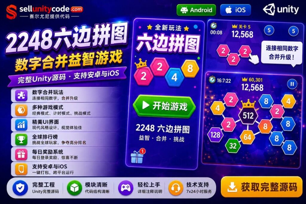 2248 Hexa Puzzle Unity完整源码数字合并六边形益智手游项目支持安卓iOS