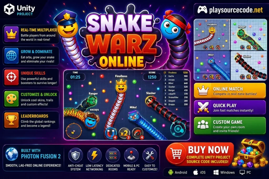 多人在线贪吃蛇IO竞技游戏 Unity完整源码|Snake Warz Online Multiplayer – Unity Source Code