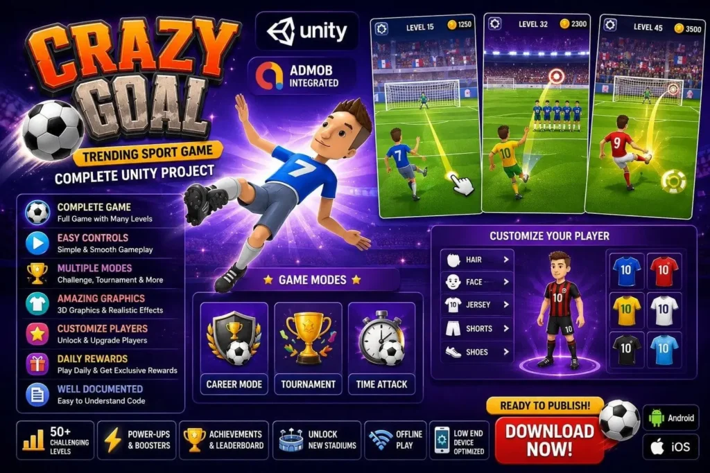 超休闲足球传球闯关游戏 Unity完整源码｜Crazy Goal – Unity Source Code