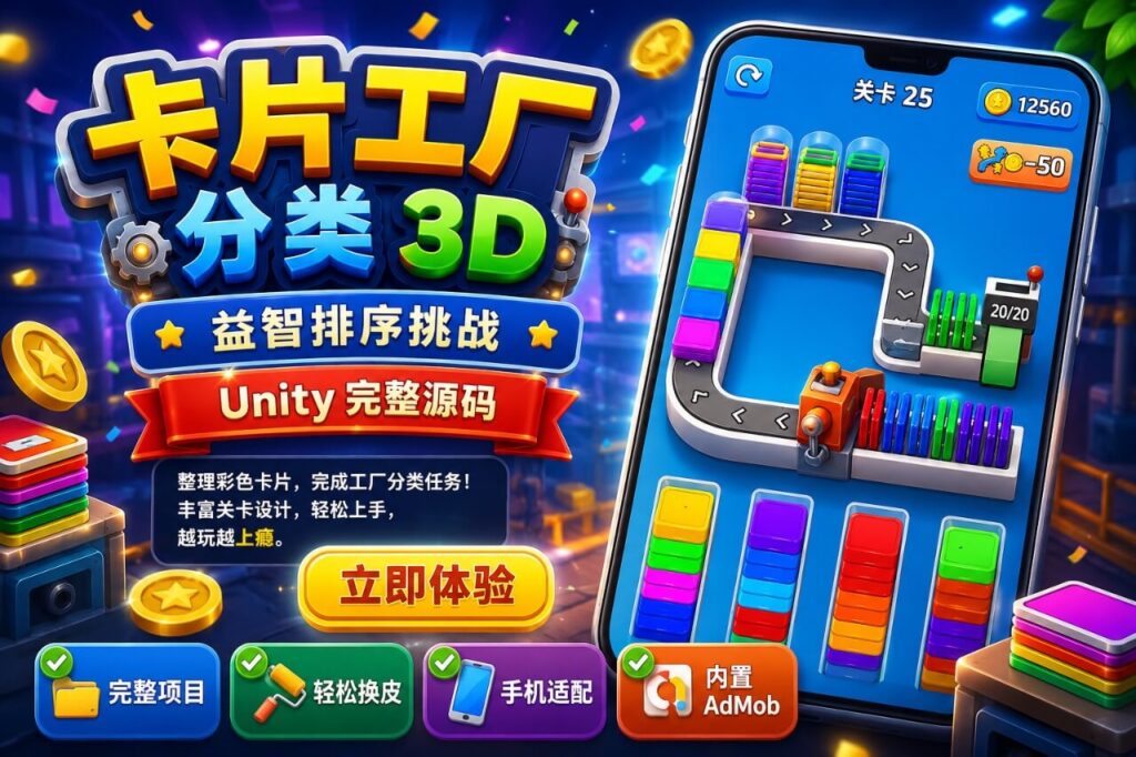 Card Factory Sort 3D Puzzle Unity完整源码卡牌分类排序益智手游项目
