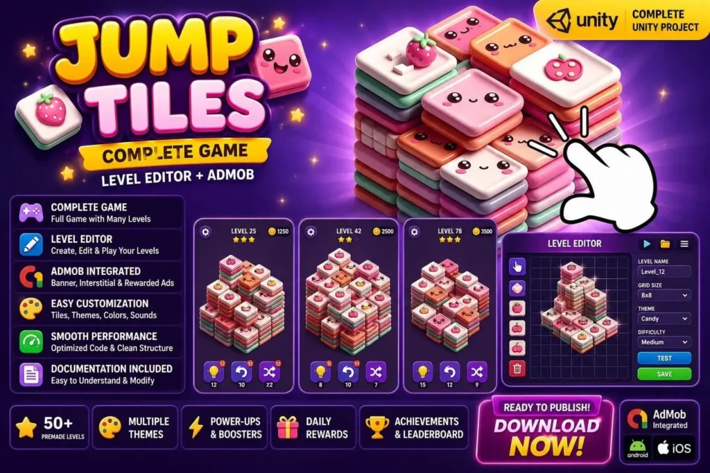 跳跃方块匹配消除益智游戏 Unity完整源码｜Jump Tiles – Unity Source Code