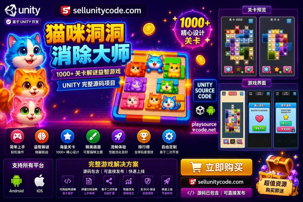Kitty Hole Jam Unity完整源码猫咪滑块解谜益智手游项目