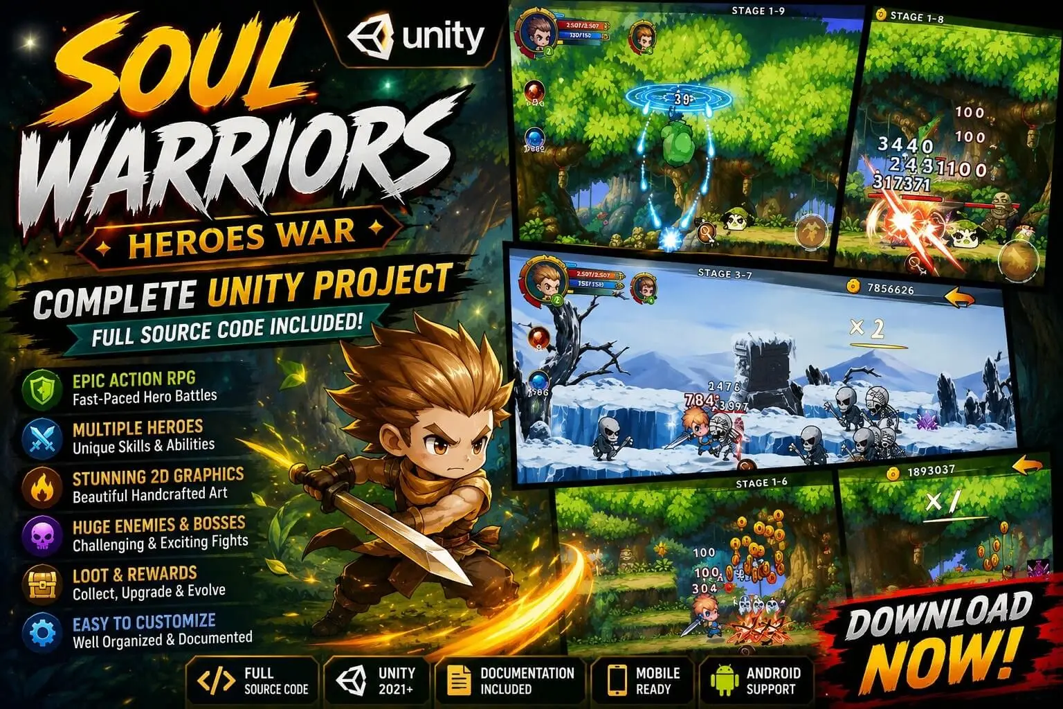 2D奇幻动作RPG冒险游戏 Unity完整源码|Soul Warrior – Heroes War – Unity Source Code - Image 7