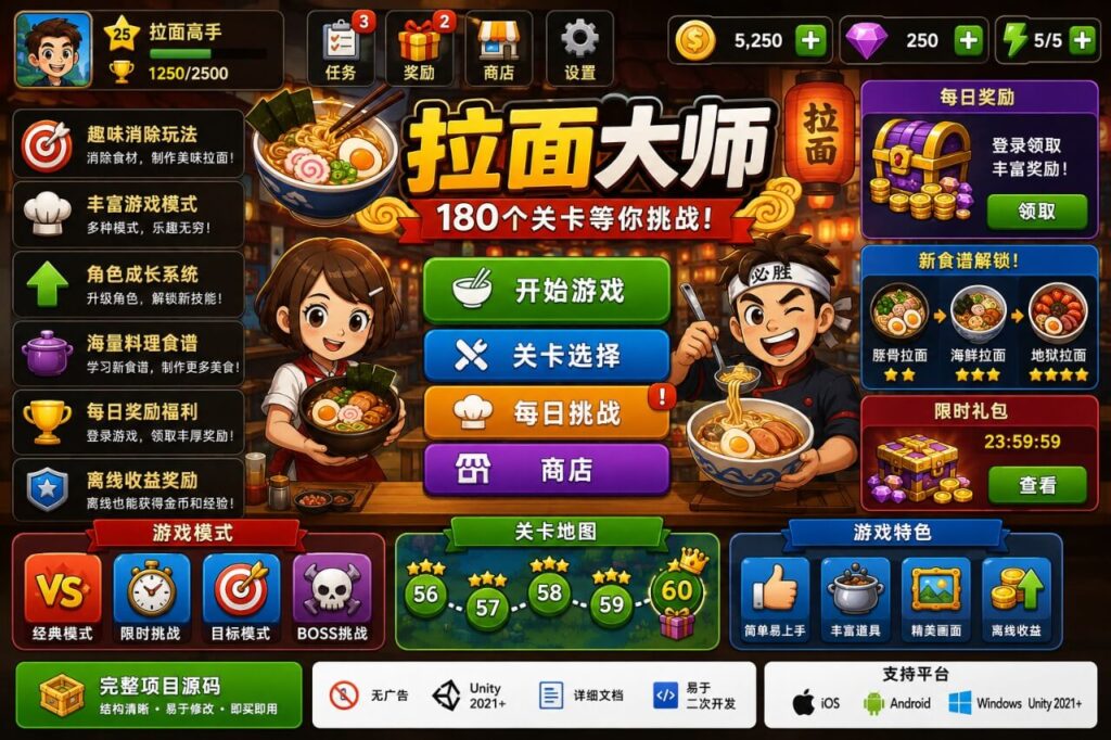 THE Ramen Master Unity完整源码拉面餐厅经营模拟手游项目