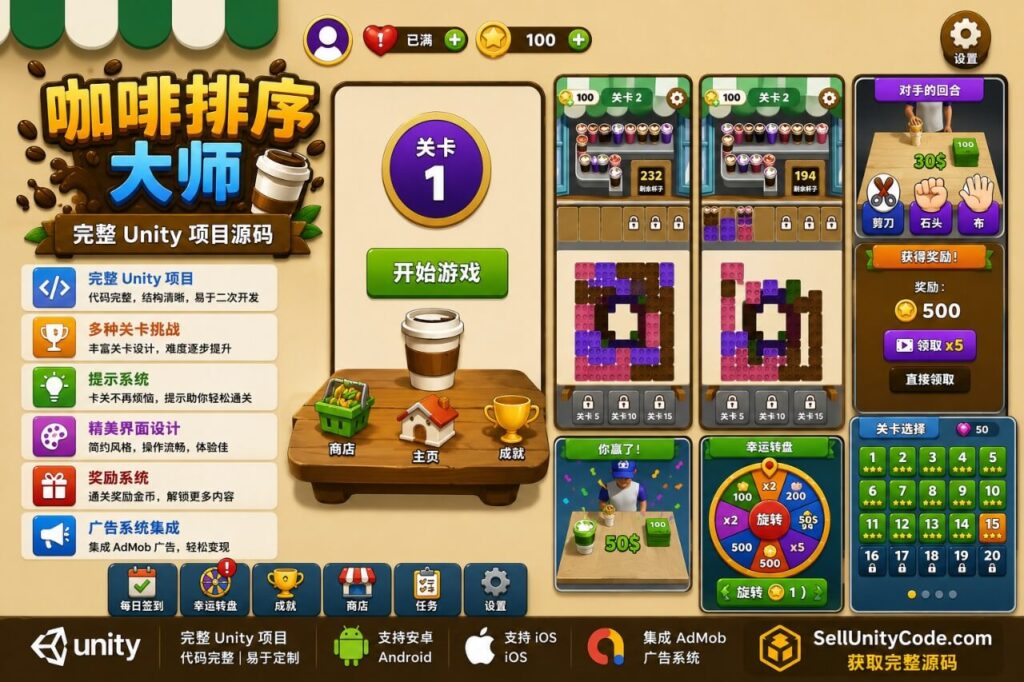 咖啡杯分类大师Unity完整源码排序益智手游项目支持安卓iOS
