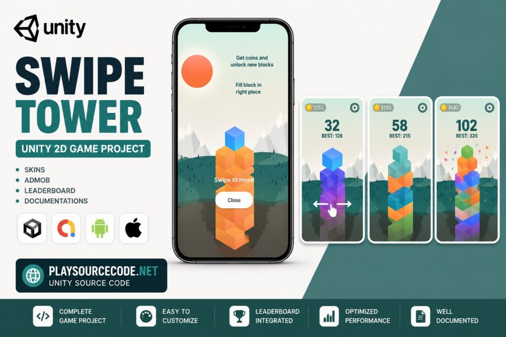 堆叠高塔休闲游戏 Unity完整源码｜Swipe Tower – Unity Source Code