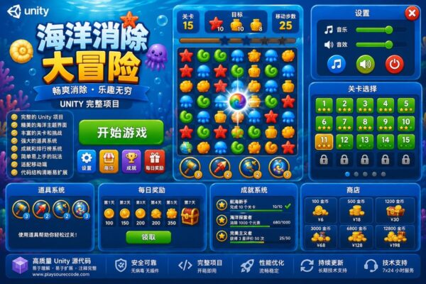海洋爆破三消益智游戏Unity完整源码