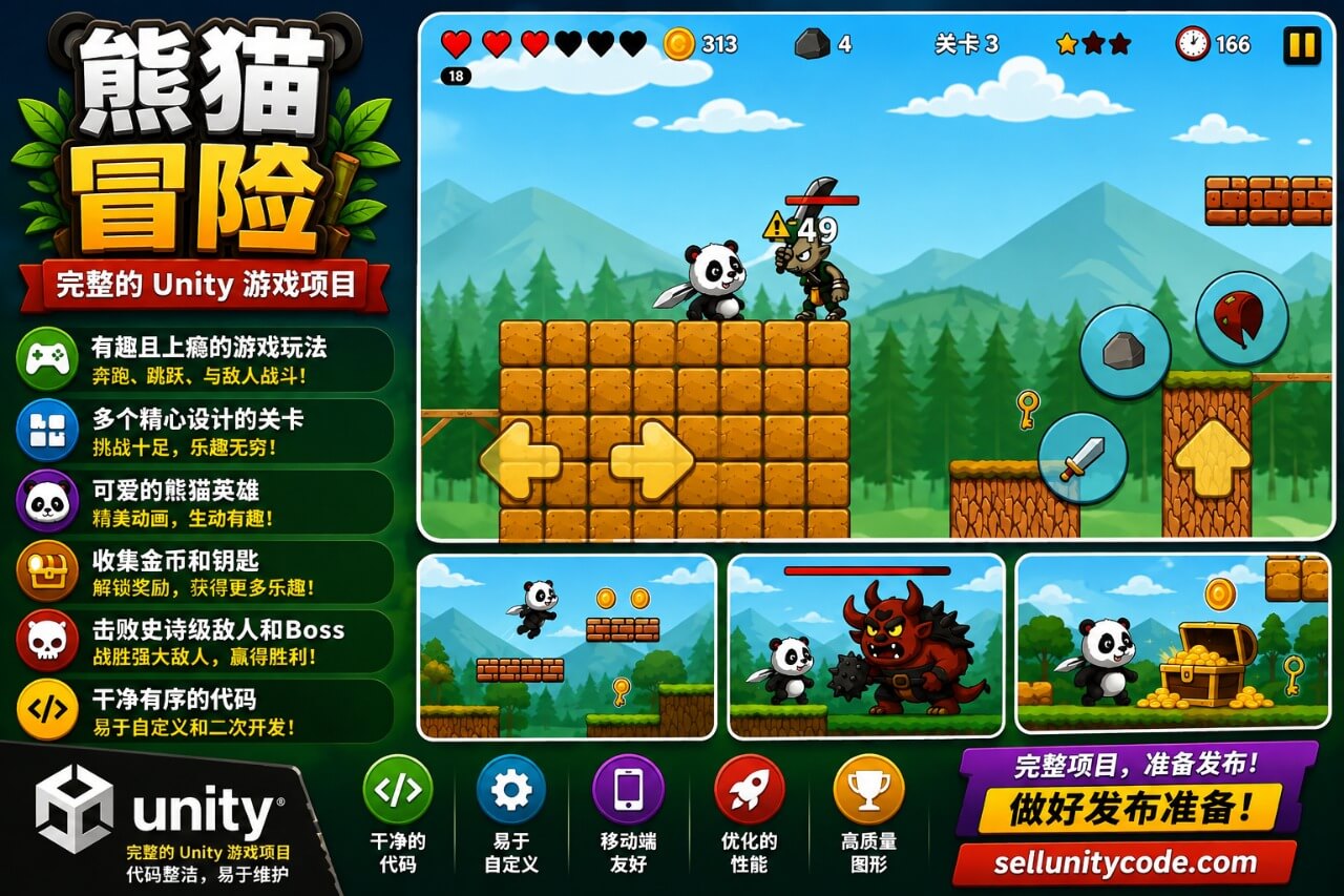 《熊猫大冒险》（Panda Adventure）Unity 游戏源码 —— 2D 平台跳跃游戏，包含 30 个关卡与 5 个 Boss