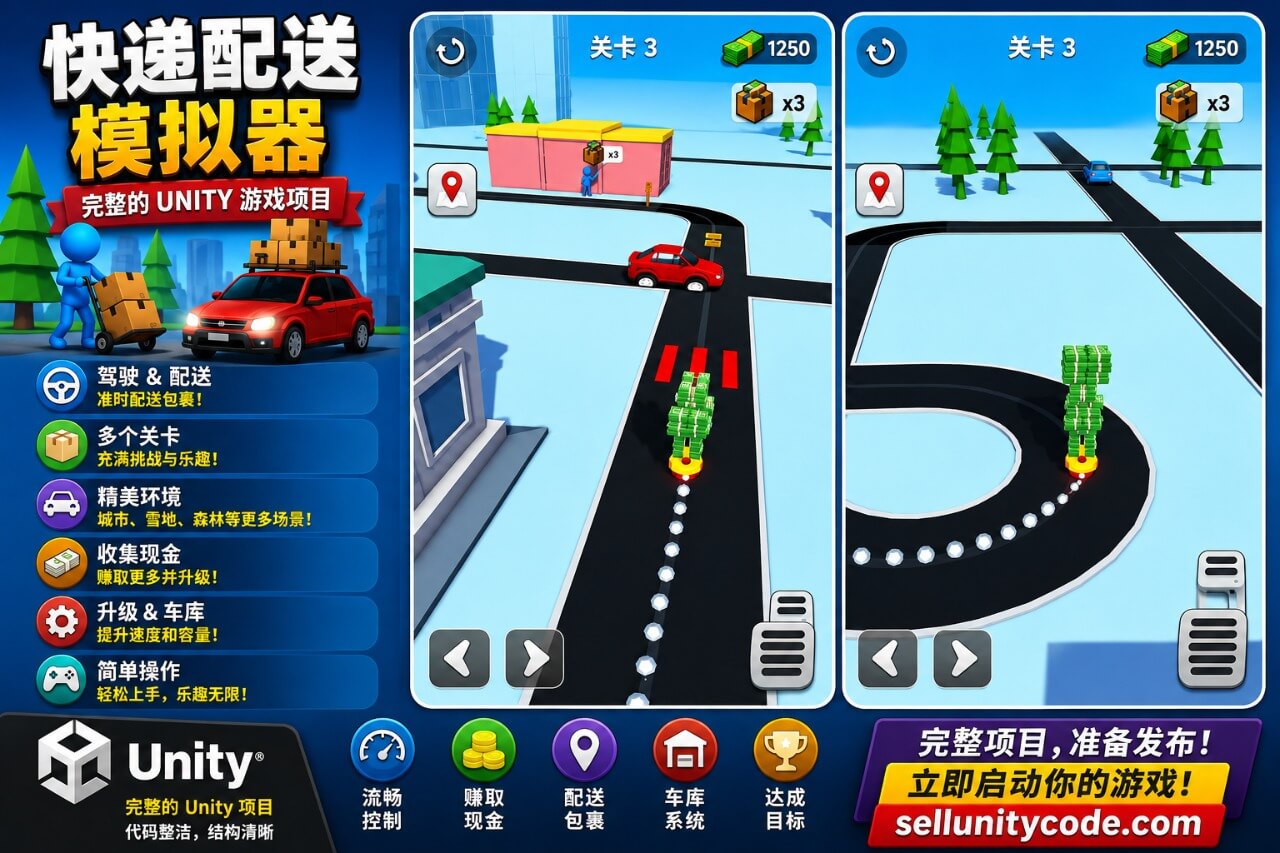 Unity 快递模拟游戏源码 —— 一键式玩法、集成广告、轻松换皮