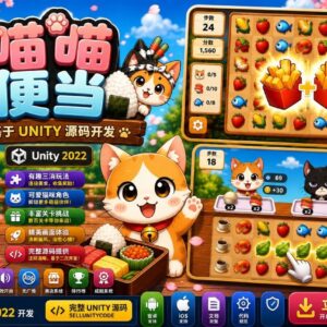 Kitty Bento —— 迷人的美食配对益智游戏！ Kitty Bento 是一款令人愉悦且让人爱不释手的美食配对益智游戏。玩家将协助可爱的猫咪大厨，在温馨的日式餐厅里准备顾客点的餐点。 观察顾客的订单需求，在棋盘上找出两个相同的食物，并在规定时间内收集齐所需的食材。游戏包含数百个精心设计的关卡、色彩丰富的食物图案、实用的道具以及简单的点击操作，既易于上手，又随着进程推进带来层层递进的挑战。 主要特色 可爱的美食配对玩法 匹配两个相同的食物 限时完成订单的目标设定 数百个精心设计的关卡 两位可爱的猫咪大厨角色 色彩丰富的日式餐厅主题（包含寿司、虾、鱼、草莓等元素） 实用的辅助道具 难度循序渐进的关卡设计 简单的点击式操作 易于上手，精通有挑战性 温馨的休闲游戏氛围 完全离线 —— 无需互联网连接 易于定制和更换美术风格（换皮） 基于 Unity 2022 开发 适用人群 休闲游戏和益智游戏玩家 可爱动物主题游戏的爱好者 寻找迷人且可直接发布的配对益智游戏的开发者 游戏类别：休闲益智 / 美食配对 / 配对益智游戏 准备好帮助猫咪大厨制作美味佳肴了吗？立即获取 Kitty Bento Unity 源代码，发布您的下一款可爱益智爆款游戏！ #KittyBento #美食配对游戏 #猫咪益智游戏 #休闲益智 #Unity益智模板 #配对游戏 常见问题解答 (FAQ) Q1. Kitty Bento 可以免费使用吗？是的，您将获得完整的源代码。您可以按原样发布，也可以进行全面定制。 Q2. 游戏玩法是怎样的？玩家需要在规定时间内找到并匹​​配两个相同的食物，以收集食材并完成顾客的订单。 Q3. 包含多少个关卡？该项目包含数百个精心设计、难度循序渐进的关卡。 Q4. 游戏支持离线游玩吗？是的，游戏支持完全离线游玩，无需互联网连接。 Q5. 可以轻松更换游戏美术风格（换皮）吗？是的，该项目专为轻松定制和更换美术风格而设计。 Q6. 需要什么版本的 Unity？推荐使用 Unity 2022。