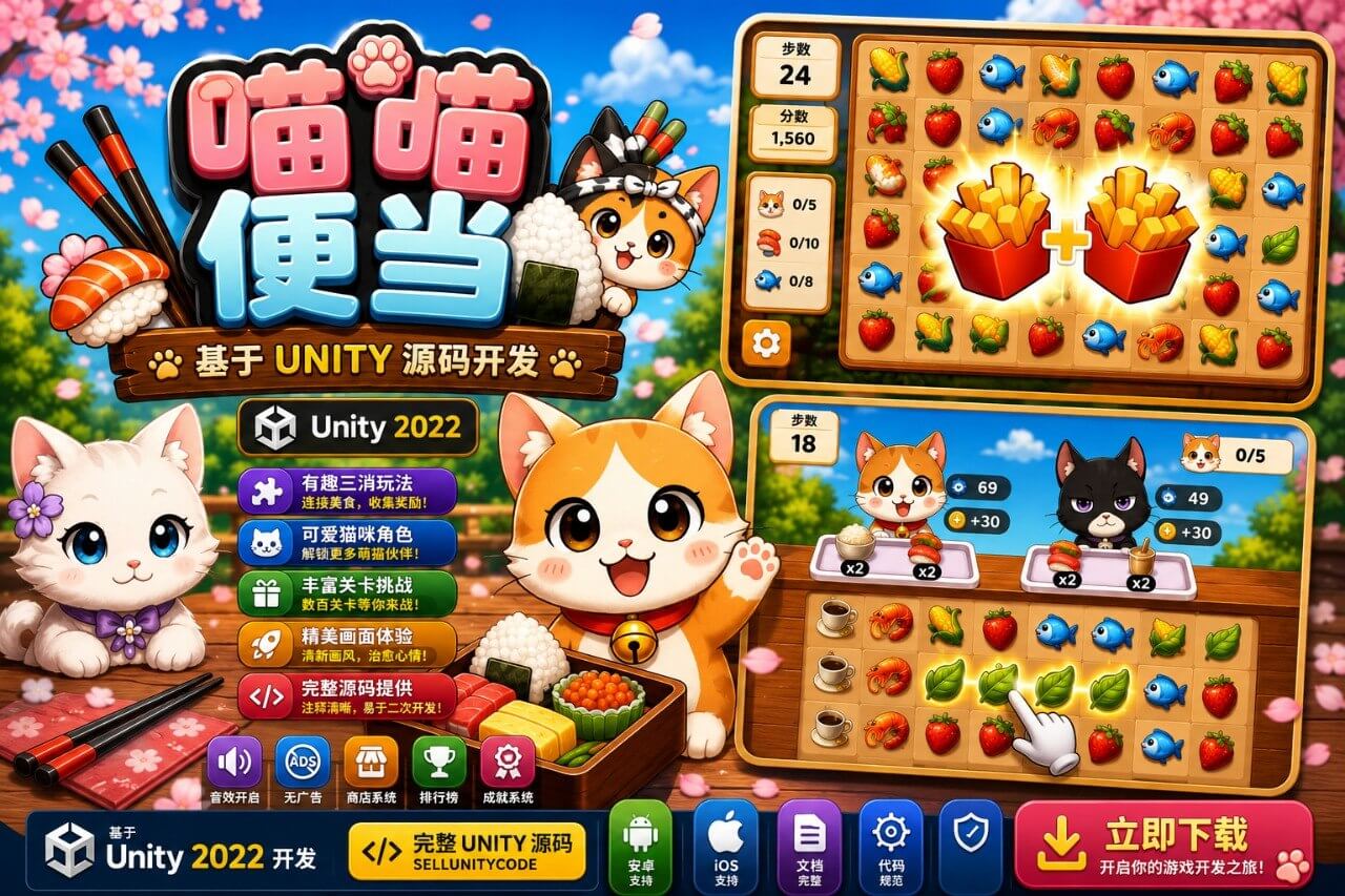 Kitty Bento —— 迷人的美食配对益智游戏！ Kitty Bento 是一款令人愉悦且让人爱不释手的美食配对益智游戏。玩家将协助可爱的猫咪大厨，在温馨的日式餐厅里准备顾客点的餐点。 观察顾客的订单需求，在棋盘上找出两个相同的食物，并在规定时间内收集齐所需的食材。游戏包含数百个精心设计的关卡、色彩丰富的食物图案、实用的道具以及简单的点击操作，既易于上手，又随着进程推进带来层层递进的挑战。 主要特色 可爱的美食配对玩法 匹配两个相同的食物 限时完成订单的目标设定 数百个精心设计的关卡 两位可爱的猫咪大厨角色 色彩丰富的日式餐厅主题（包含寿司、虾、鱼、草莓等元素） 实用的辅助道具 难度循序渐进的关卡设计 简单的点击式操作 易于上手，精通有挑战性 温馨的休闲游戏氛围 完全离线 —— 无需互联网连接 易于定制和更换美术风格（换皮） 基于 Unity 2022 开发 适用人群 休闲游戏和益智游戏玩家 可爱动物主题游戏的爱好者 寻找迷人且可直接发布的配对益智游戏的开发者 游戏类别：休闲益智 / 美食配对 / 配对益智游戏 准备好帮助猫咪大厨制作美味佳肴了吗？立即获取 Kitty Bento Unity 源代码，发布您的下一款可爱益智爆款游戏！ #KittyBento #美食配对游戏 #猫咪益智游戏 #休闲益智 #Unity益智模板 #配对游戏 常见问题解答 (FAQ) Q1. Kitty Bento 可以免费使用吗？是的，您将获得完整的源代码。您可以按原样发布，也可以进行全面定制。 Q2. 游戏玩法是怎样的？玩家需要在规定时间内找到并匹​​配两个相同的食物，以收集食材并完成顾客的订单。 Q3. 包含多少个关卡？该项目包含数百个精心设计、难度循序渐进的关卡。 Q4. 游戏支持离线游玩吗？是的，游戏支持完全离线游玩，无需互联网连接。 Q5. 可以轻松更换游戏美术风格（换皮）吗？是的，该项目专为轻松定制和更换美术风格而设计。 Q6. 需要什么版本的 Unity？推荐使用 Unity 2022。
