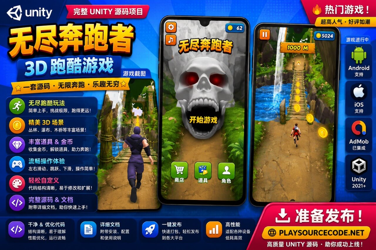 《神庙逃亡》类无尽跑酷游戏 Unity 源码 —— 含内购（IAP）、AdMob 广告及皮肤商店