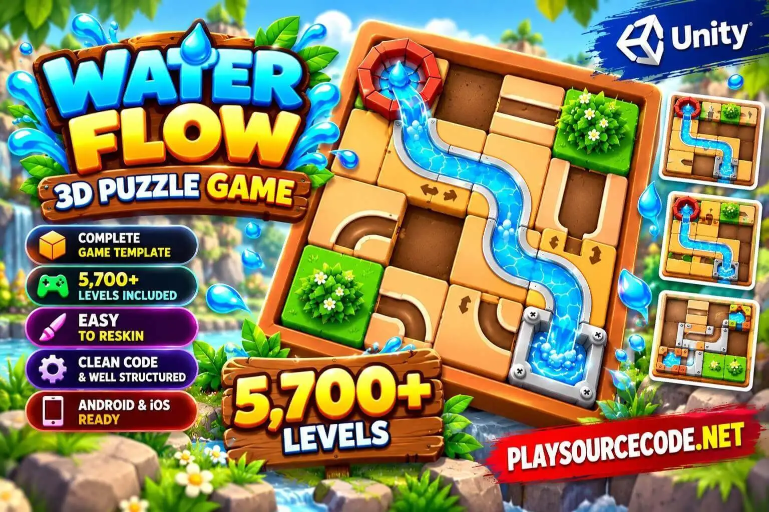 Water Flow 3D Puzzle Game – Complete Game Template