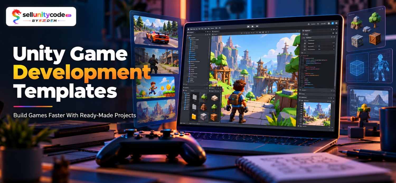 Unity game development templates with ready-made game projects displayed on a laptop